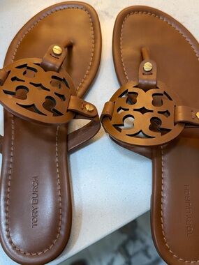 Tory Burch Brown Miller Leather Logo Sandals